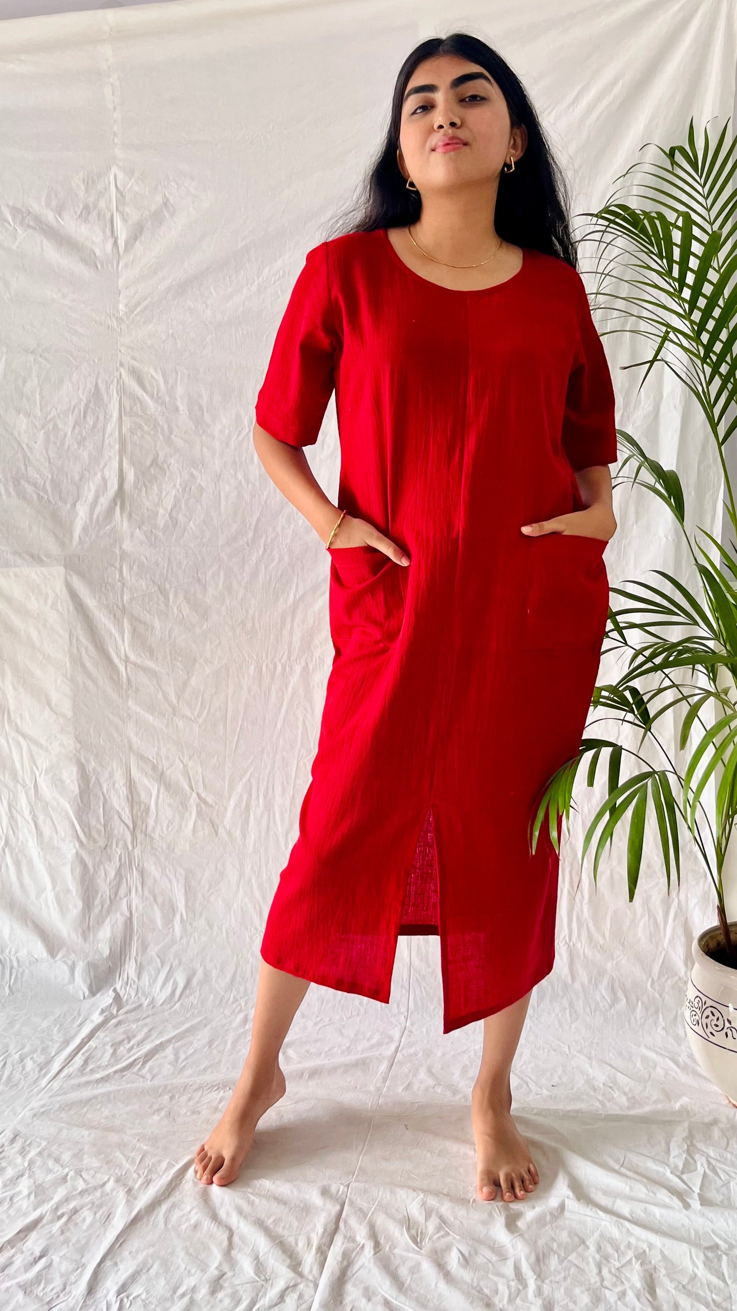 Crimson Blossom Pocket Dress